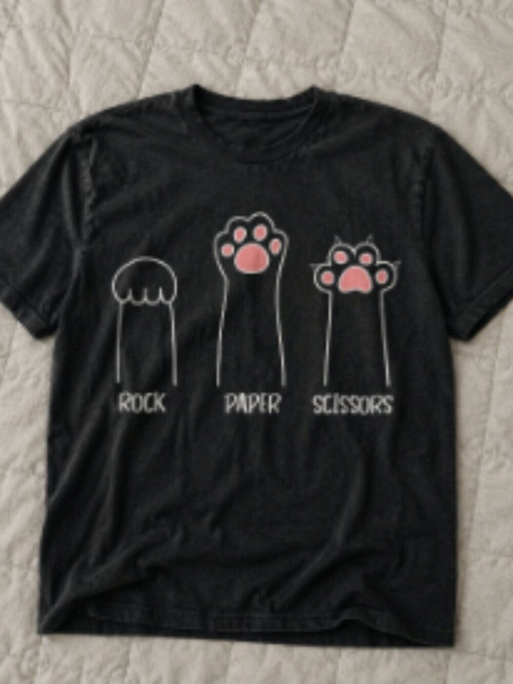 Funny Rock Paper Scissors Cat Paws Graphic T-Shirt Black Tee